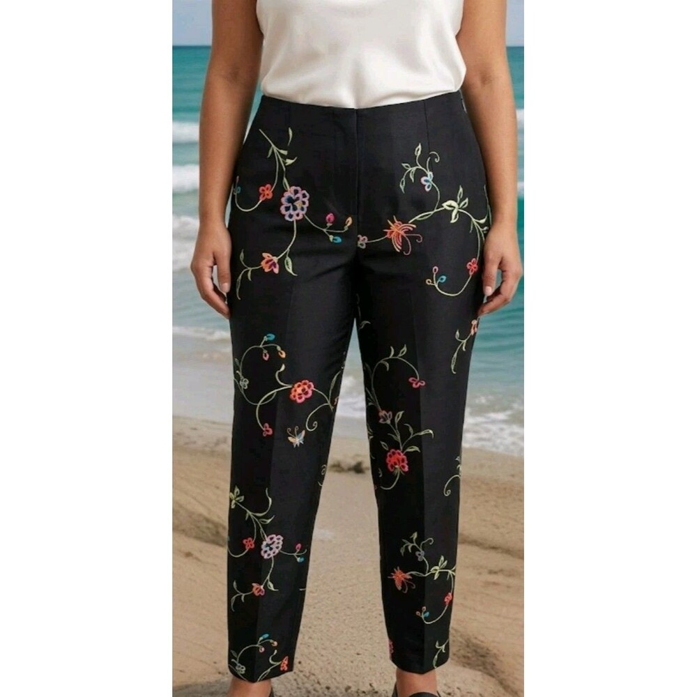 S.L.B. Women's Pants Size 4 Silk Black Embroidered Floral Side Zip Lightweight